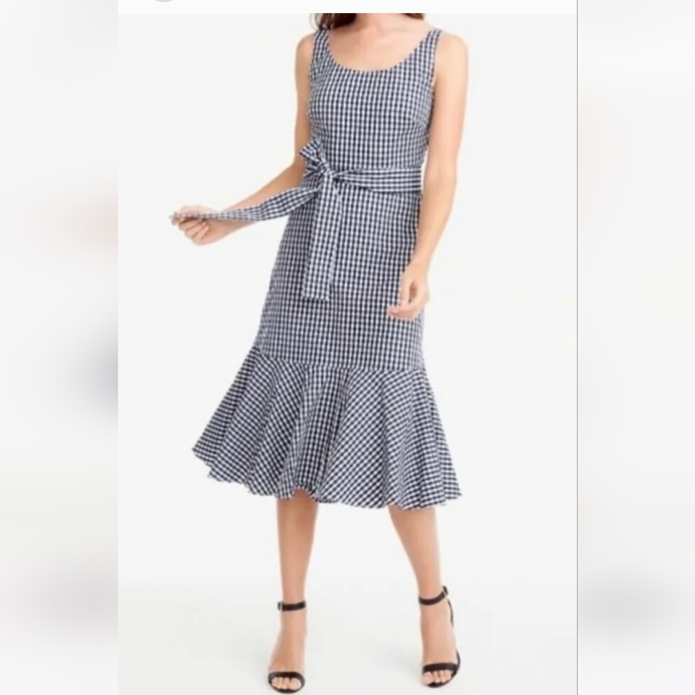 NWT J.Crew Navy Gingham Ruffle Hem Dress
